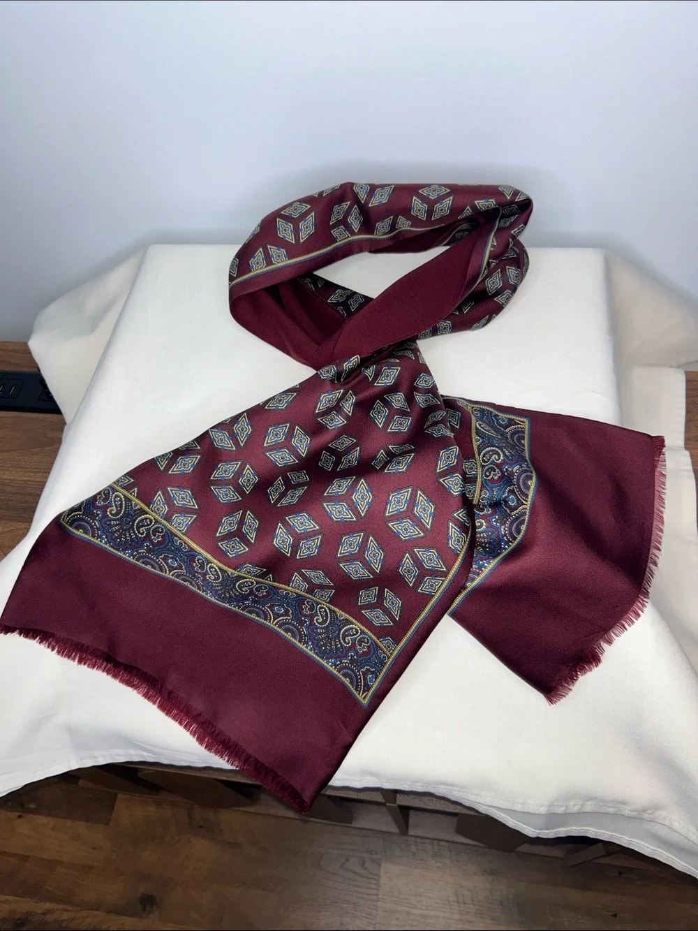 Vintage Silk Scarf for Men 1970s Burgundy Geometric Paisley Dandy Opera Style